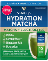 VitaCup frontal del empaque Hydration Matcha mostrando diseño y cantidad 10ct, práctico para viajes