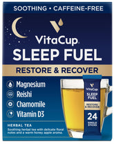 VitaCup frontal del empaque Sleep Fuel mostrando 24 sobres y beneficios