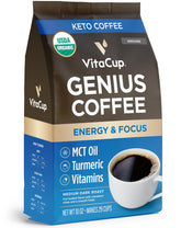 VitaCup Genius Keto frente del empaque mostrando sello orgánico y 10 oz