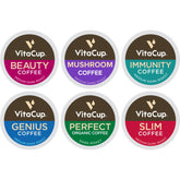 VitaCup packaging frontal mostrando las seis mezclas y beneficios en un vistazo