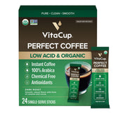 VitaCup paquete frente mostrando 24 sobres, práctico y orgánico