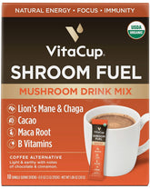 VitaCup Shroom Fuel frente del empaque mostrando sobres individuales y beneficio práctico