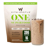 VitaHustle empaque frontal mostrando sabor cookies & cream y beneficios