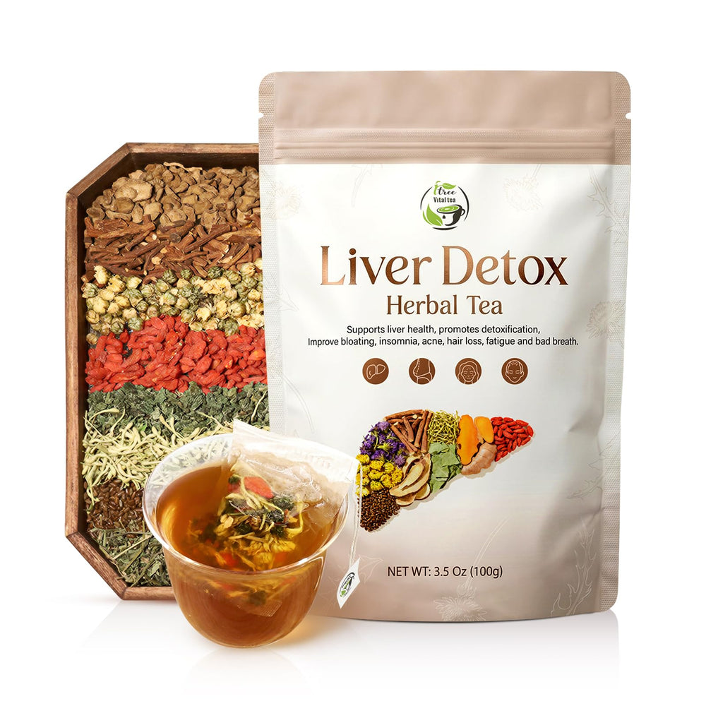 Vital Tea empaque frontal mostrando la mezcla detox y beneficios naturales