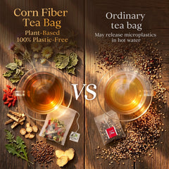 Vital Tea taza servida en uso para comodidad digestiva tras las comidas