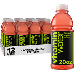 vitaminwater frontal de Tropical Mango mostrando la etiqueta beneficios hidratación