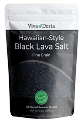 Viva Doria paquete frontal de sal negra lava fina 907 g mostrando bolsa resellable