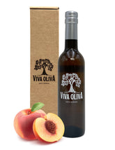 Viva Oliva botella frontal con etiqueta clara y durazno, muestra calidad gourmet