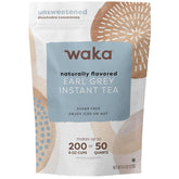 Waka embalaje frontal del polvo Earl Grey mostrando el pouch resellable y marca