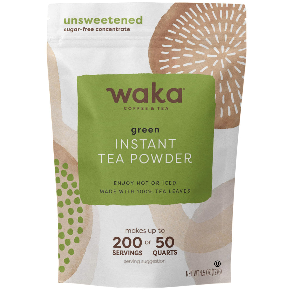 Waka polvo de té verde frente del envase mostrando etiqueta clara y práctica