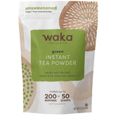 Waka polvo de té verde frente del envase mostrando etiqueta clara y práctica