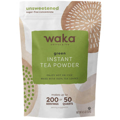 Waka polvo de té verde frente del envase mostrando etiqueta clara y práctica