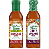 Walden Farms beneficio frente del envase mostrando sabores Pancake y Maple Walnut