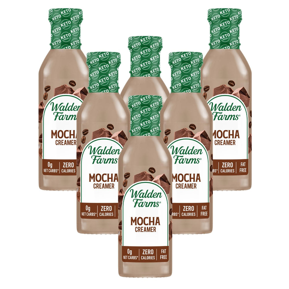 Walden Farms vista frontal del pack de seis botellas mostrando envase y etiqueta, conveniencia de almacenamiento