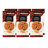 Walkers paquete frontal mostrando shortbread de jengibre y beneficio de sabor auténtico