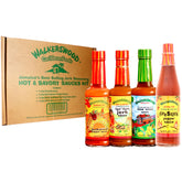Walkerswood packaging frontal mostrando las cuatro salsas y beneficio de variedad