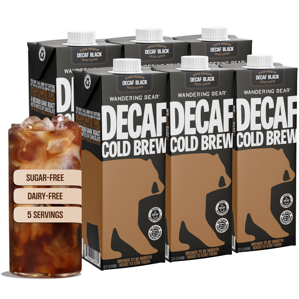 Wandering Bear cartón frontal mostrando marca y beneficio sin cafeína