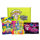 Warheads caja frontal con seis tipos de caramelos ácidos mostrando variedad
