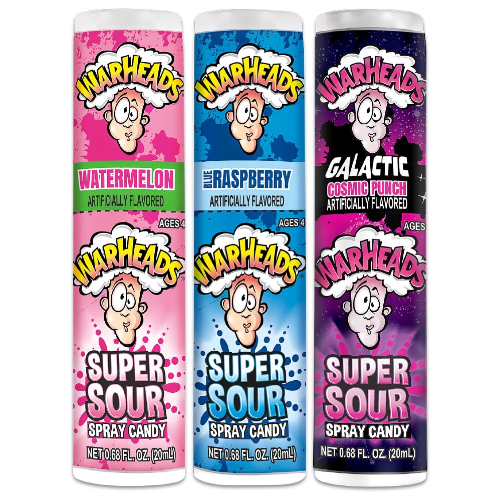 WARHEADS spray frente del pack mostrando sabores y diseño atractivo