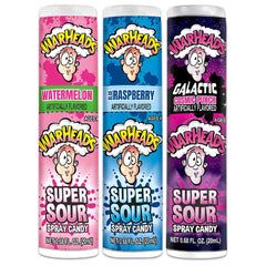 WARHEADS spray frente del pack mostrando sabores y diseño atractivo