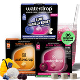 waterdrop MICRODRINK frente del envase mostrando 36 cubos y diseño llamativo