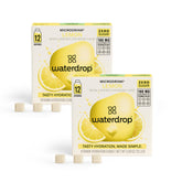 waterdrop MICRODRINK frente del paquete mostrando 24 cubos y diseño limón, facilita transporte