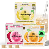 waterdrop MICRODRINK paquete frontal mostrando 36 cubos y variedad de sabores para hidratación sin azúcar