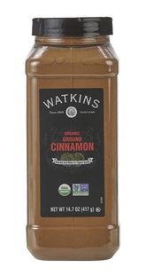 Watkins envase frontal mostrando canela molida orgánica y diseño claro