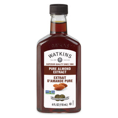 Watkins botella frontal de extracto de almendra mostrando presentación y tamaño