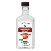 Watkins extracto de almendra, vista frontal del frasco con etiqueta clara y beneficio de aroma puro