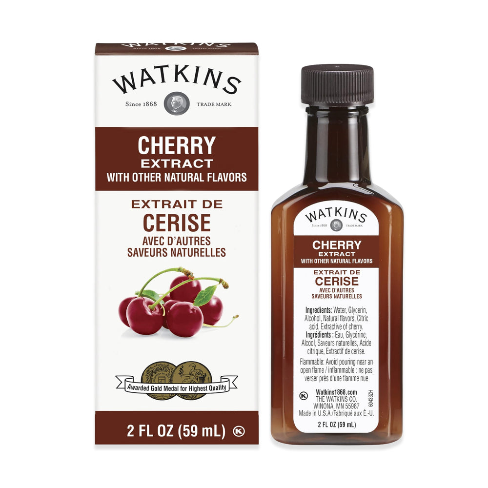 Watkins extracto de cereza vista frontal del empaque mostrando el frasco y la marca, ideal para repostería
