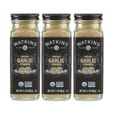 Watkins frasco frontal mostrando ajo en polvo orgánico y conveniencia