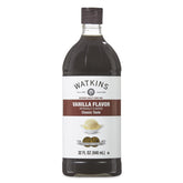 Watkins botella de vainilla frente con etiqueta visible y ahorro de volumen