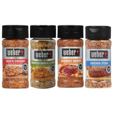 Weber envases frontales del set mostrando las cuatro mezclas para variedad en parrilla