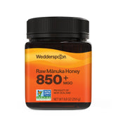 Wedderspoon frasco frontal de Manuka 850+ MGO mostrando etiquetado claro y pureza