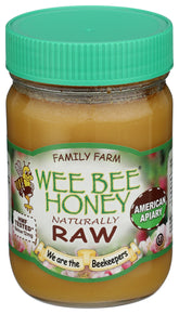 Wee Bee Honey frasco frontal mostrando etiqueta y peso 1 lb, aporta confianza de origen