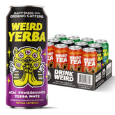 WEIRD pack frontal mostrando las 12 latas y variedad de sabores como alternativa orgánica