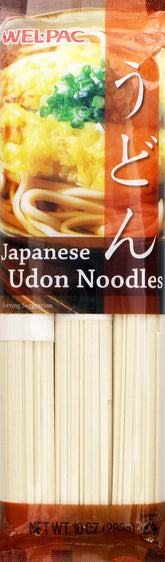 Wel-Pac frente del paquete de udon mostrando tamaño y marca, útil para comprar