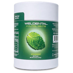 WELdental tubo de cartón frente con 300 pastillas, reduce plástico