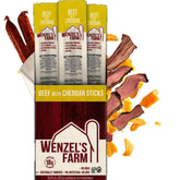 Wenzel's Farm empaque frontal mostrando 32 snack sticks y beneficios prácticos