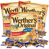 Sweetzo Werther's Original frente del empaque mostrando pack de 3 bolsas y conveniencia