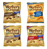 Werther's Original vista frontal del pack variedad sin azúcar mostrando cuatro bolsas y beneficio conveniencia
