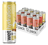 Wet Hydration vista frontal del pack variado mostrando latas y sabores beneficios refrescantes