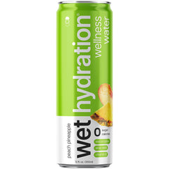 WET HYDRATION lata frontal mostrando Peach Pineapple y beneficio hidratación rápida