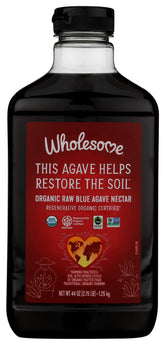 Wholesome envase frontal de Raw Blue Agave 44 oz mostrando etiqueta orgánica y comercio justo