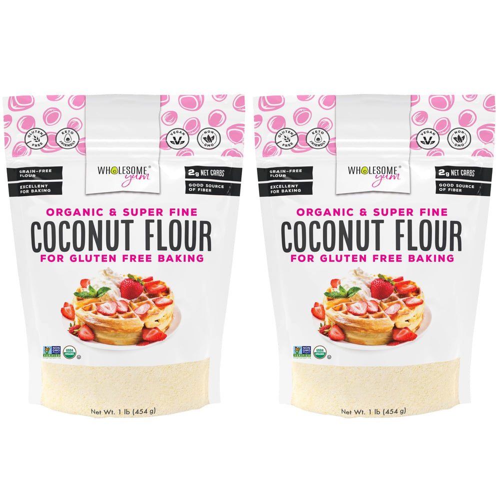Wholesome Yum empaque frontal mostrando harina de coco orgánica, claridad del producto