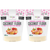 Wholesome Yum empaque frontal mostrando harina de coco orgánica, claridad del producto