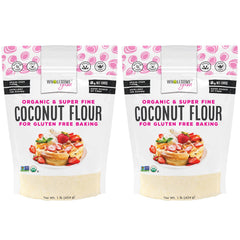 Wholesome Yum empaque frontal mostrando harina de coco orgánica, claridad del producto