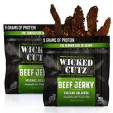 Wicked Cutz empaque frontal Volcanic Jalapeño muestra diseño atractivo y información nutricional