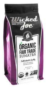 WICKED JOE empaque frontal 12 oz mostrando sello orgánico y Fair Trade